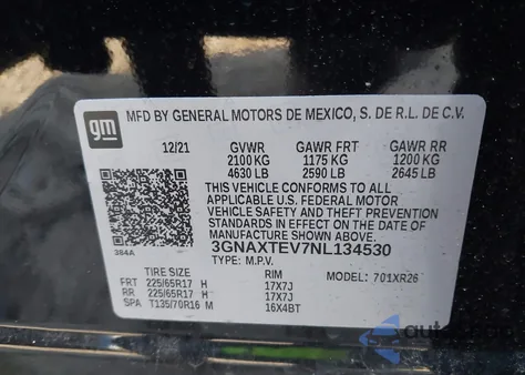 2022 Chevrolet Equinox Awd 2Fl из США, поврежденный, VIN 3GNAXTEV7NL134530